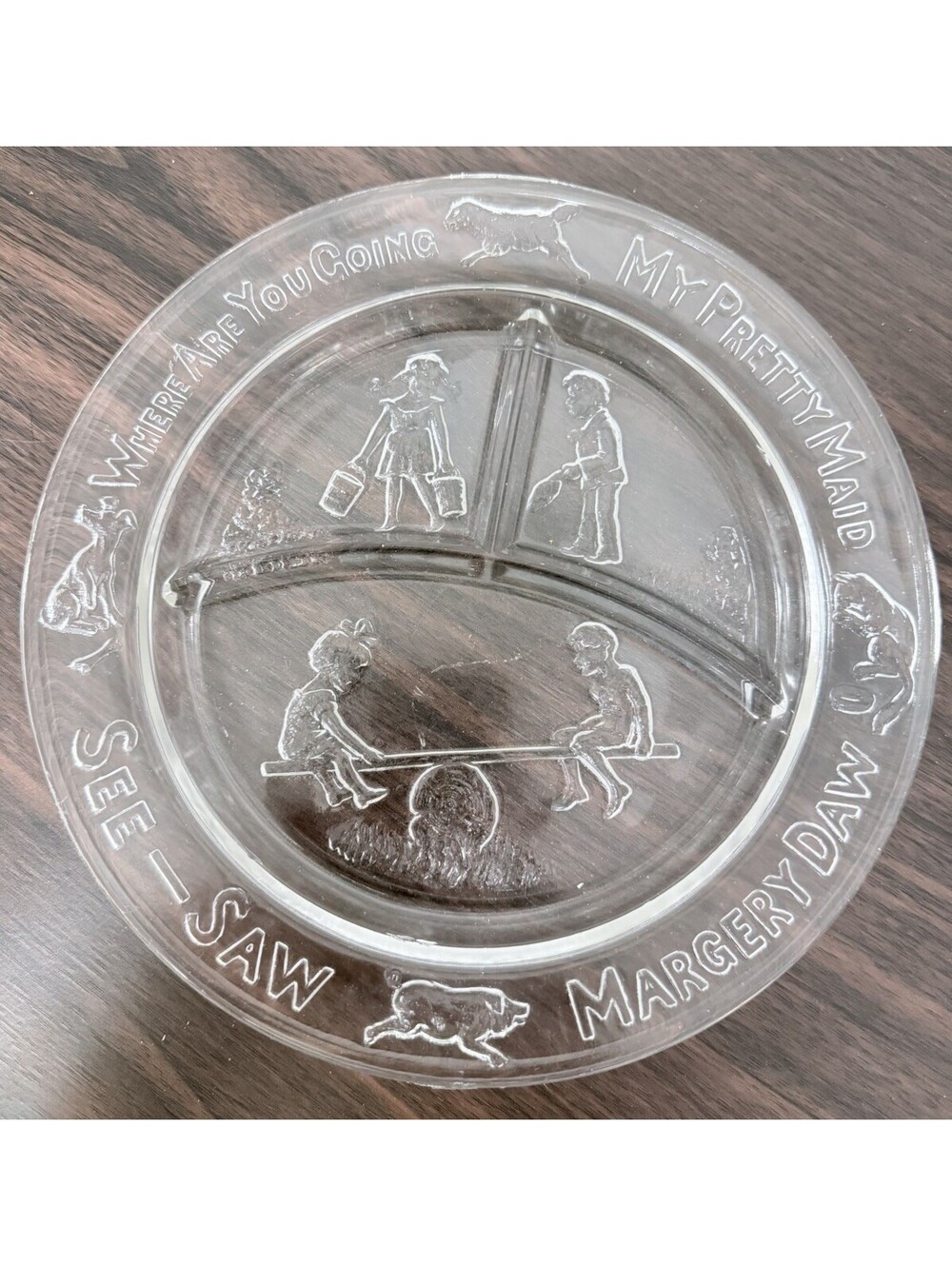 Vintage Tiara Indiana Glass Nursery Rhyme Childs Glass Plate Dish See Saw Clear